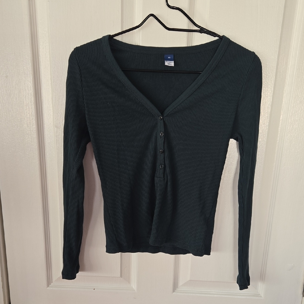 Old Navy Dark Teal Ribbed Henley Long-Sleeve Top
